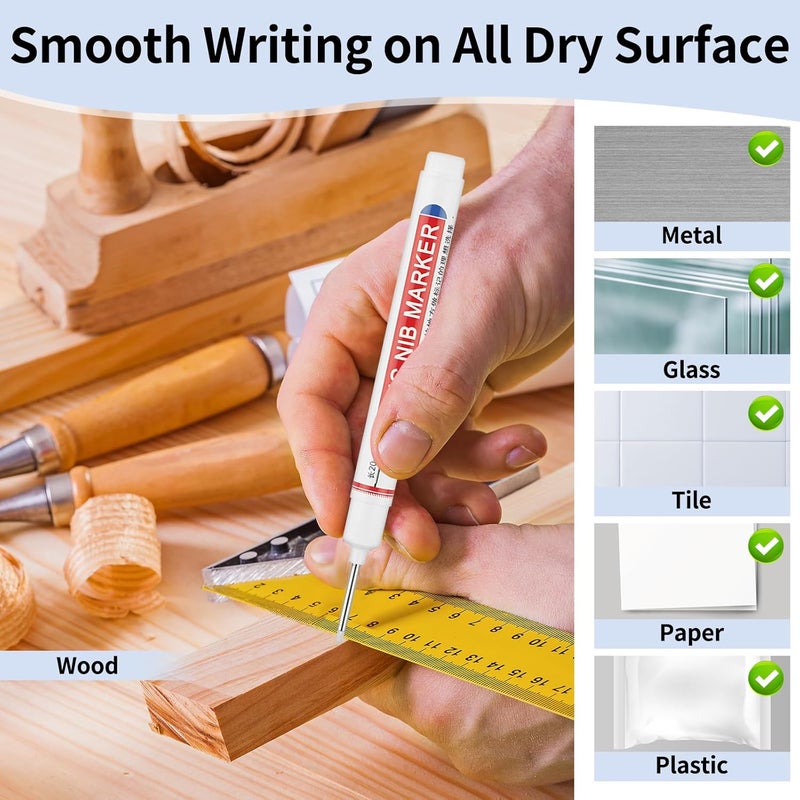 Mkobon 15 Pcs Long Head Deep Hole Marker, 20 mm Long Nose Nib Deep Reach Metal Marking Pen, Quick-drying Waterproof Permanent Pens For Carpenter, Woodworking, Construction (White) - Image 5
